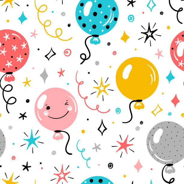 festliche nahtlose vektor-muster mit doodle süße luftballons und sterne. bunte hintergrund für kinder mit cartoon ballon, stern, serpentine und konfetti stücke. urlaub oder geburtstag party design - birthday bash stock-grafiken, -clipart, -cartoons und -symbole