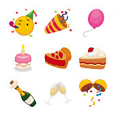 Festive set of emojis with happy face wearing party hat and other icons: party popper, balloon, cake and a delicious slice, pie, wine bottle, champagne glasses cheering and confetti ball.