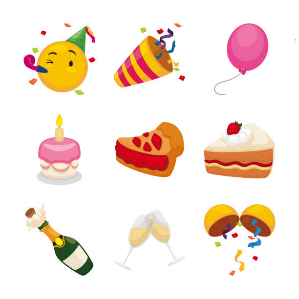 Festive Set to Express Party Desire and Elements to Celebrate Festive set of emojis with happy face wearing party hat and other icons: party popper, balloon, cake and a delicious slice, pie, wine bottle, champagne glasses cheering and confetti ball. emoji stock illustrations