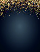 Festive vertical Christmas and New Year background with gold glitter of stars. Vector illustration.