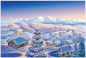 Festive illustration with winter village with a festive Christmas tree in the foreground and Evening landscape with mountains and forests in the snow in the distance.