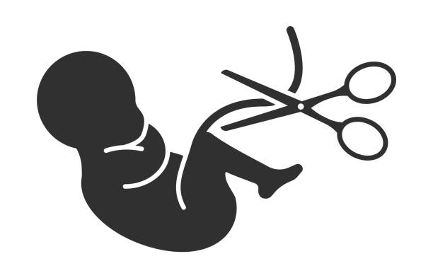 ilustraciones, imágenes clip art, dibujos animados e iconos de stock de icono del feto. niño humano prenatal con símbolo de placenta. signo embrionario. embrión con tijeras. ilustración vectorial. - abortion clinic