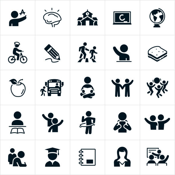 A set of elementary education icons. The icons include children learning, a child writing the letter of the alphabet, a brain, a chalkboard, a globe, a child riding a bike, a pencil, a parent and child in a crosswalk, a child raising his hand, a sandwich, an apple, a child getting on a school bus, a child reading, children playing with a ball, a child with a backpack, two children waving, two children with there arms around each other, a graduate, a notebook and a teacher.
