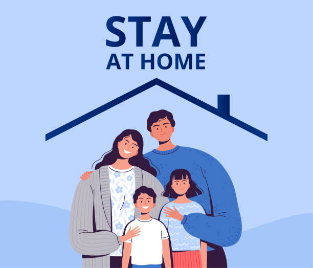 kuvapankkikuvitukset aiheesta juliste, jossa kehotetaan jäämään kotiin suojautumaan tartunnalta uusi covid-2019-koronavirus. lapsiperhe istuu karanteenissa kotona. - perhe