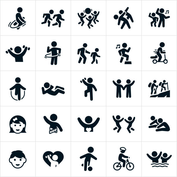 A set of icons related to children's fitness. The icons include children jump roping, running, stretching, playing with a ball, dancing, lifting weights, using a hula hoop, walking, aerobics, riding a scooter, doing a sit-up, hiking, playing, playing soccer, riding and bike and swimming to name a few.