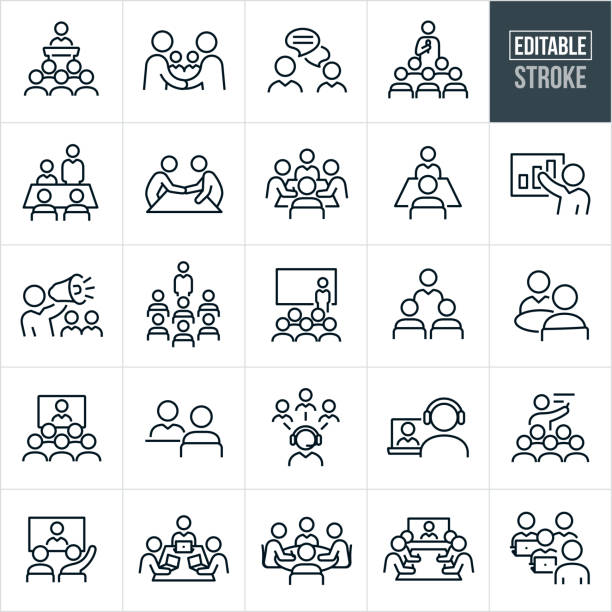 A set of business meetings and seminars icons that include editable strokes or outlines using the EPS vector file. The icons include all types of meetings, conventions and seminars and include a business person giving a speech to a group of employees, business people shaking hands, two business people engaged in an online chat, a person with microphone in hand delivering a speech to a group of people, a boardroom with business people having a business meeting, two people in a boardroom having a small business meeting, a business person giving a presentations, a business manager speaking to his employees using a bullhorn, a business person in front of a screen delivering a presentation at a convention, two business people having a meeting while out to lunch, a video conference meeting with many in attendance, a business meeting using telecommunications, business people meeting in a boardroom with their laptops and other related icons.