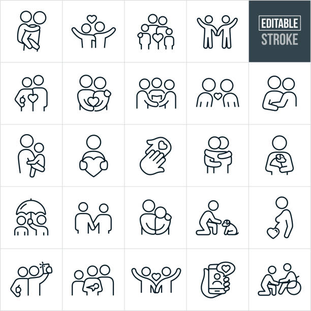A set of love and relationships icons that include editable strokes or outlines using the EPS vector file. The icons include a parent giving a child a piggy back ride, a couple waving while holding each other, a family of four, a couple holding hands, a couple holding a heart, two people getting married, a couple in love, a mother holding her child, a person holding a heart, hands touching, two people hugging, a person holding a pet dog, a person holding an umbrella for another person, two people holding hands, a partner consoling his saddened partner, a child petting a dog, a pregnant woman, a couple taking a selfie, a long distance relationship using smartphone, a person caring for their elderly parent in a wheelchair and others.