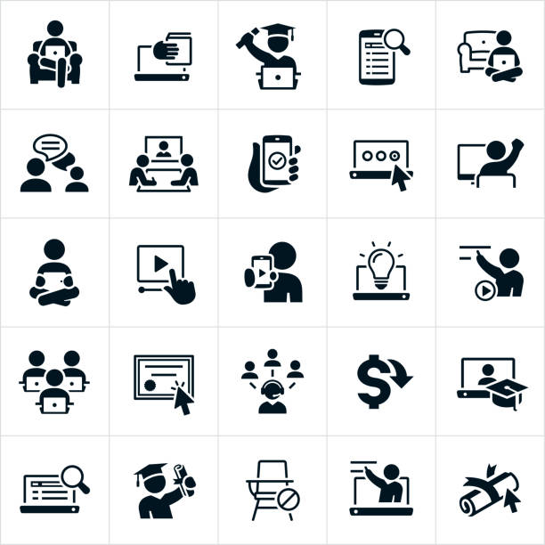 A set of e-learning icons. The icons include people or students learning from home on their devices using the internet, webinars, online classes, online instruction, online degree, graduates, learning, teachers, professors and other related icons.