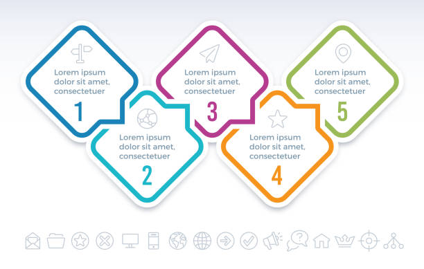 Five step speech bubble diamond infographic symbols.