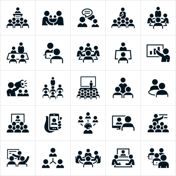 A set of icons illustrating business meetings, seminars, lectures and presentations. The icons include business meetings, presenters, employees, boardroom meetings, online meetings, small meetings, large meetings, presentations, conventions, seminars, one on one meetings, web conferences, webinars and other business type meetings.