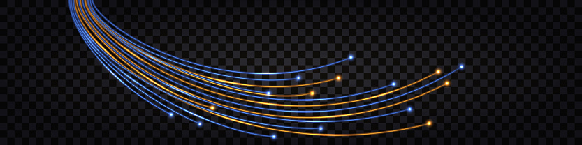 Fiber optic cables, fibre network technology. Neon glowing impulse lines with light effect, blue and yellow. Tech design element isolated on transparent background. Vector illustration.