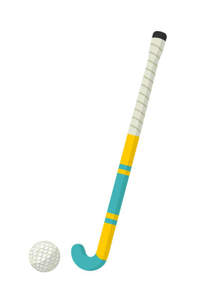 Field, grass hockey equipment vector illustration Field, grass hockey equipment vector illustration. Hockey stick and small ball, competitive game attributes. Professional player, sportsman accessories. Active recreation, team sport flat symbols hockey stick stock illustrations