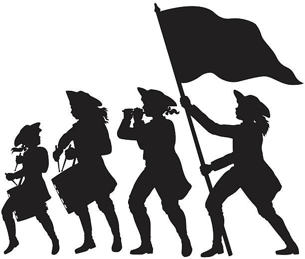 Fife, drums, and flag marching silhouettes Young men marching with fife, drums, and flag. Vector silhouettes. american revolution stock illustrations