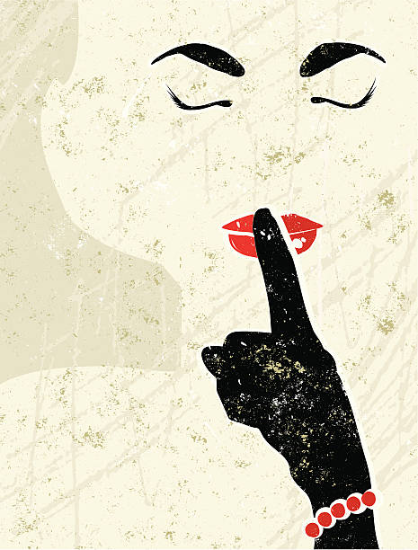Fifties Beautiful Woman Holding a Finger to her Mouth vector art illustration