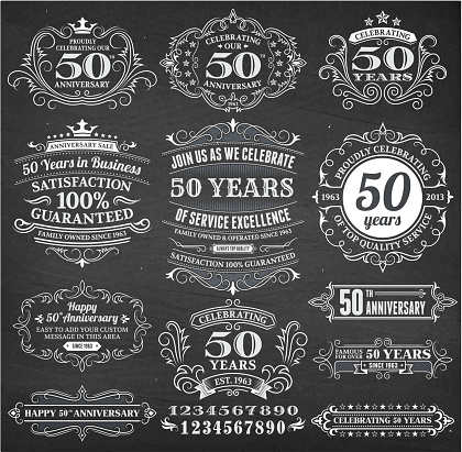 fifty year anniversary hand-drawn chalkboard royalty free vector background. This image depicts a black chalkboard with multiple fifty year anniversary announcement designs. There is chalk dust remaining on the chalkboard and the chalkboard texture serves a perfect backdrop for making the fifty year anniversary announcements look authentic and elegant.
