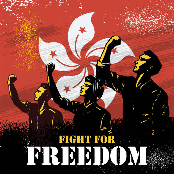 Fight for freedom, Illustration of people raising fists on flag of Hong Kong. Vector Illustration eps 10 bills patriots stock illustrations