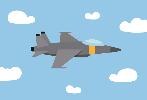 F18 fighter jet in the sky in cartoon style.