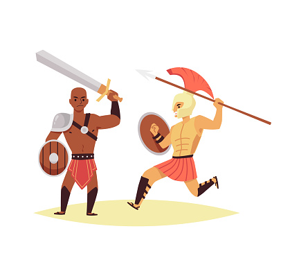 Fighting of gladiators or legionary of roman empire a flat vector illustration