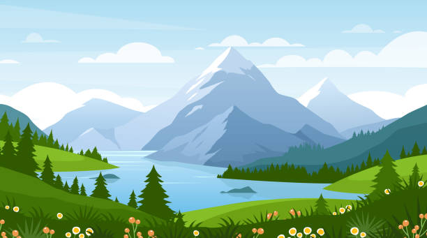 file 22_1 Cartoon flat panorama of spring summer beautiful nature, green grasslands meadow with flowers, forest, scenic blue lake, mountains on horizon background, mountain lake landscape vector illustration. mountain backgrounds stock illustrations