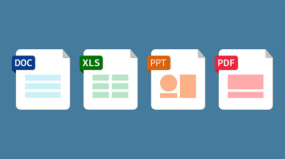 File format extensions. doc, xls, ppt, pdf file format document icons. Blue background. Vector illustration.