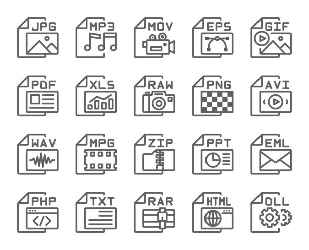 File format type outline icons set . Editable stroke . 48 x 48 pixel perfect . File format type outline icons set . Editable stroke . 48 x 48 pixel perfect . film moving image stock illustrations