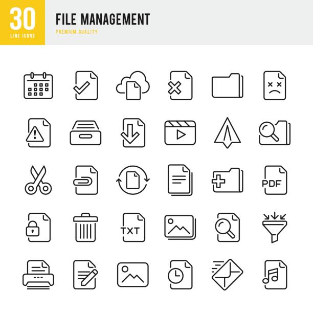 File Management - set of thin line vector icons File management set of thin line vector icons. brochure symbols stock illustrations