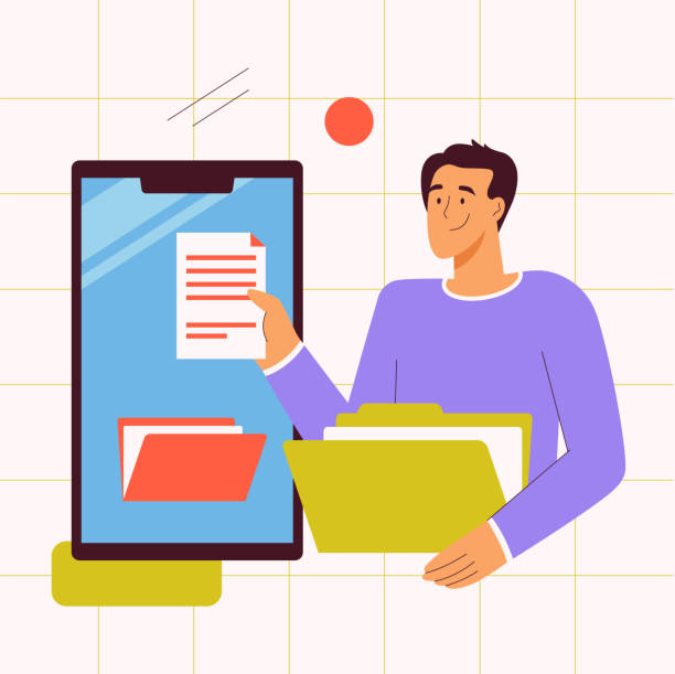 File manager application concept. Man holding document vector art illustration