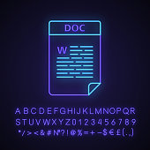 DOC file neon light icon. Word processing document. Text file format. Glowing sign with alphabet, numbers and symbols. Vector isolated illustration