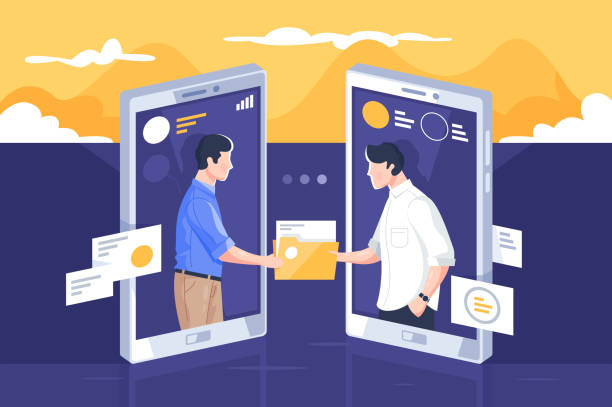 File sharing via internet File sharing via internet vector illustration. People standing into mobile phone screens and giving paper folders through modern app flat style concept. Modern technology concept exchanging stock illustrations