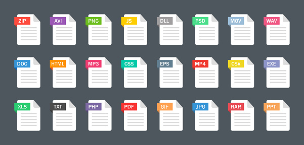 File type icons. Format and extension of documents. Set of pdf, doc, excel, png, jpg, psd, gif, csv, xls, ppt, html, txt and others. Icons for download on computer. Graphic templates for ui. Vector.