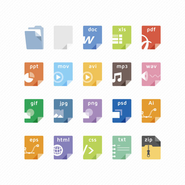 File type icons Vector illustration of file icons, for the most common file types. file folder illustrations stock illustrations