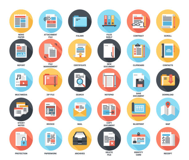 Files and documents flat icons Abstract vector set of colorful flat files and documents icons with long shadow. Concepts and design elements for mobile and web applications. brochure symbols stock illustrations