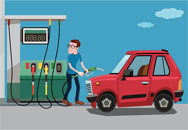 stockillustraties, clipart, cartoons en iconen met fill up of gasoline - man with car