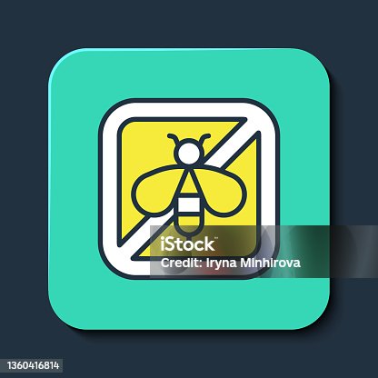 istock Filled outline Stop bee icon isolated on blue background. Sweet natural food. Honeybee or apis with wings symbol. Flying insect. Turquoise square button. Vector 1360416814