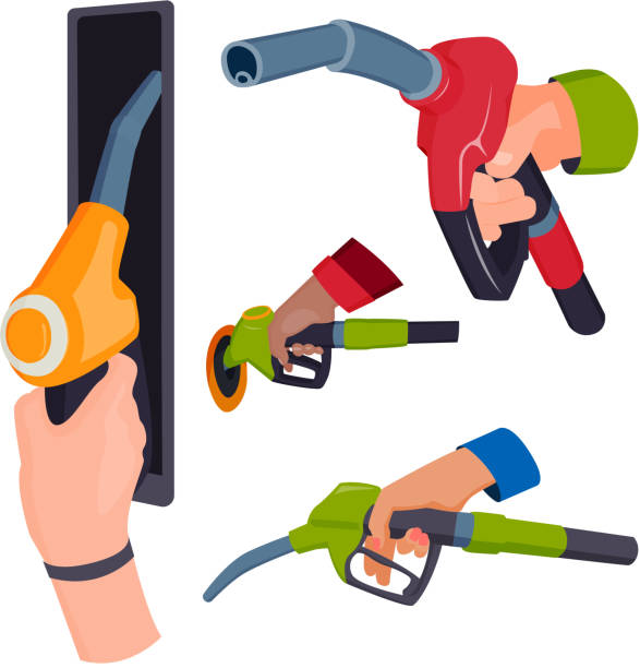 ilustraciones, imágenes clip art, dibujos animados e iconos de stock de estación de llenado de gasolina pistola en refinería de manos de personas ilustración de vector de herramienta de servicio de petróleo tanque de recarga - gas pump