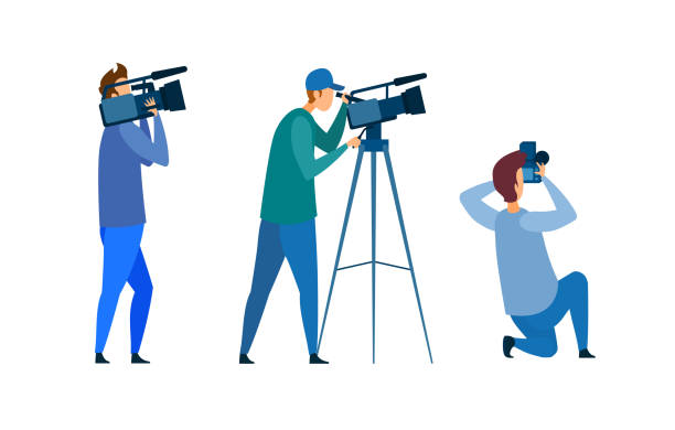 Film Crew, Press Conference Vector Illustration Film Crew, Press Conference Vector Illustration. people with Photo, Video Equipment Cartoon Characters. Operator Holding Camcorder, Videographer on Tripod, Photographer with Camera. Cinema production movie clipart stock illustrations