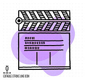 Hand drawn doodle icon for film cutting to use as vector design element. Minimalistic symbol made in the style of editable line illustration.