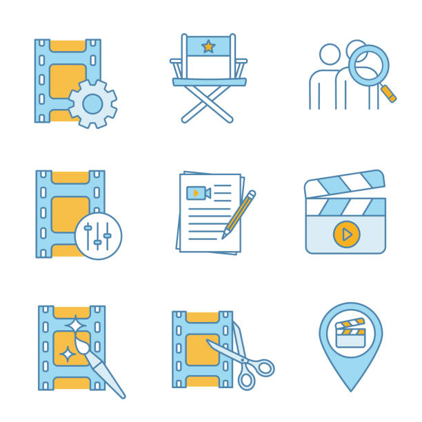 Film industry icons Film industry color icons set. Video settings, directorâs chair, audience research, sound mixer, movie scripts, clapperboard, video editing, locations. Vector film script stock illustrations