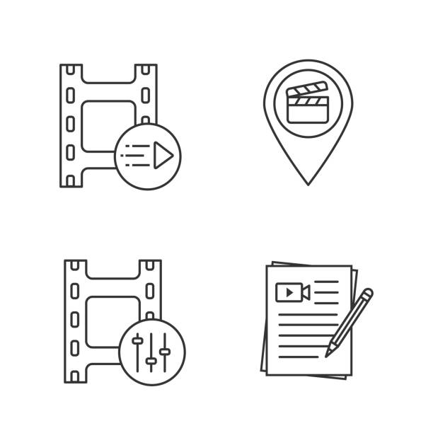Film industry icons Film industry linear icons set. Motion graphics, movie locations, sound mixer, movie scripts. Editable stroke film script stock illustrations