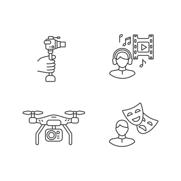 20-07-31 Film making process and staff (9) Produce film linear icons set. Lightweight minicamera for hobby filmmaking. Musical director for movie. Customizable thin line contour symbols. Isolated vector outline illustrations. Editable stroke drone drawings stock illustrations