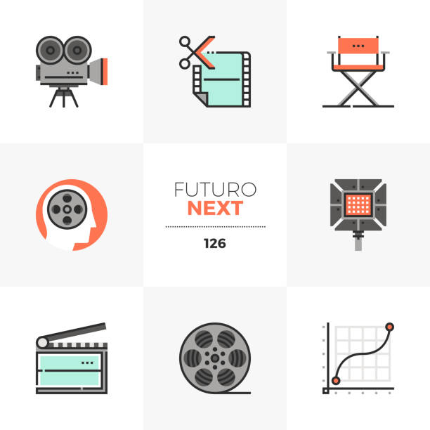 ilustraciones, imágenes clip art, dibujos animados e iconos de stock de película producción siguiente futuro iconos - video editing