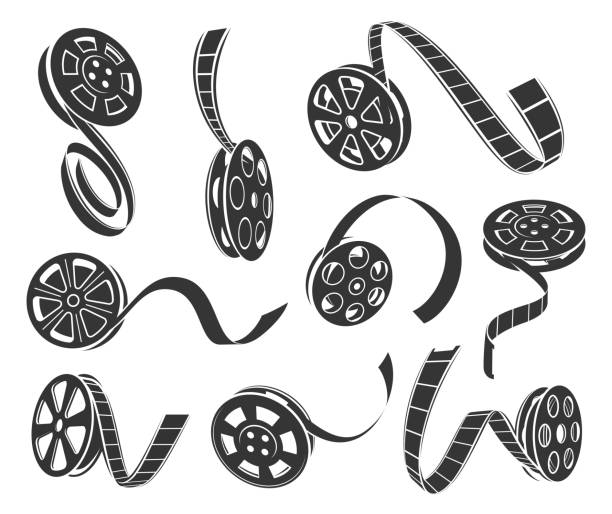 Film reel icons vector set Film reel icons vector set isolated from background. Black and white collection of various film reel icons film reel stock illustrations