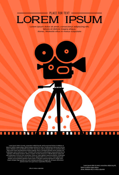 Film strip on the way with silhouette of cinema projector on a tripod and film roll. Cinema background. Retro movie festival template for banner, flyer, poster with place for text. Movie time concept Film strip on the way with silhouette of cinema projector on a tripod and film roll. Cinema background. Retro movie festival template for banner, flyer, poster with place for text. Movie time concept. movie silhouettes stock illustrations