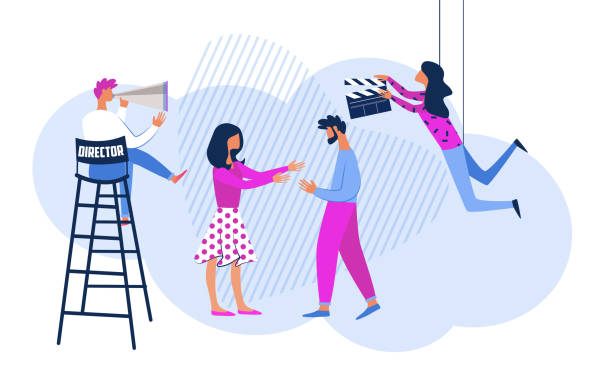 Filmmaking Movie Scene Shooting Actors Love Story Filmmaking Movie Scene Shooting with Director Sitting on High Chair with Megaphone, Assistant with Clapperboard and Couple of Actors Playing Love Story Scene in Studio Cartoon Flat Vector Illustration actress stock illustrations