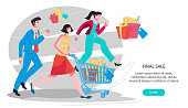 Final sale site banner template with people hurrying up to purchase goods. Discount event promotion and advertising web page. Online shopping and ecommerce. Flat vector illustration.