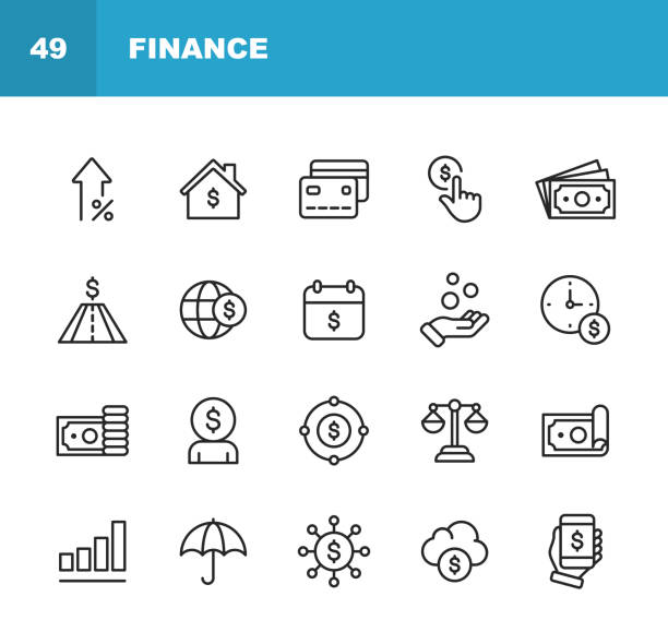 ilustrações de stock, clip art, desenhos animados e ícones de finance and banking line icons. editable stroke. pixel perfect. for mobile and web. contains such icons as money, finance, banking, coins, chart, real estate, personal finance, insurance, balance, global finance. - investment