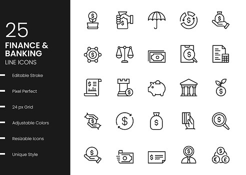 Finance And Banking Minimalistic Editable Stroke Vector Style Thin Line Icons