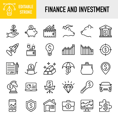 Finance and Investment Icons Collection - Thin line vector icon set. 30 linear icon. Pixel perfect. Editable stroke. For Mobile and Web. The set contains icons: Finance, Saving Money, Bank, Banking, Capital, Financial Control, Money  Management, Investment