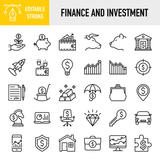 金融和投資圖示集合 - 細線向量圖示集。圖元完美。可編輯的筆觸。對於移動和網路。該集包含圖標：金融、儲蓄、銀行、銀行、資本、財務控制、資金管理、投資 - 圖標集 幅插畫檔、美工圖案、卡通及圖標