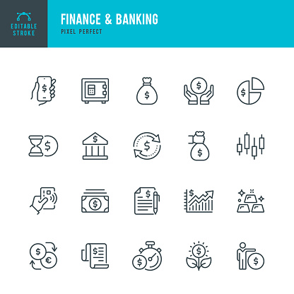Finance & Banking - thin line vector icon set. 20 linear icon. Pixel perfect. Editable outline stroke. The set contains icons: Bank, Contactless Payment, Bank Deposit, Money Bag, Mobile Banking, Gold, Stock Market Data.